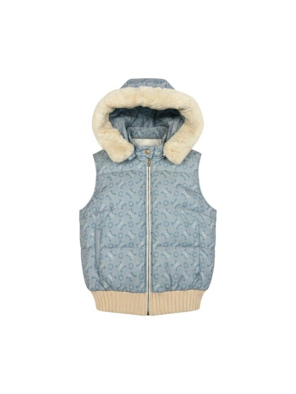 Celine Puffer Vest Macadam Pattern Rabbit Fur Blue White Nylon